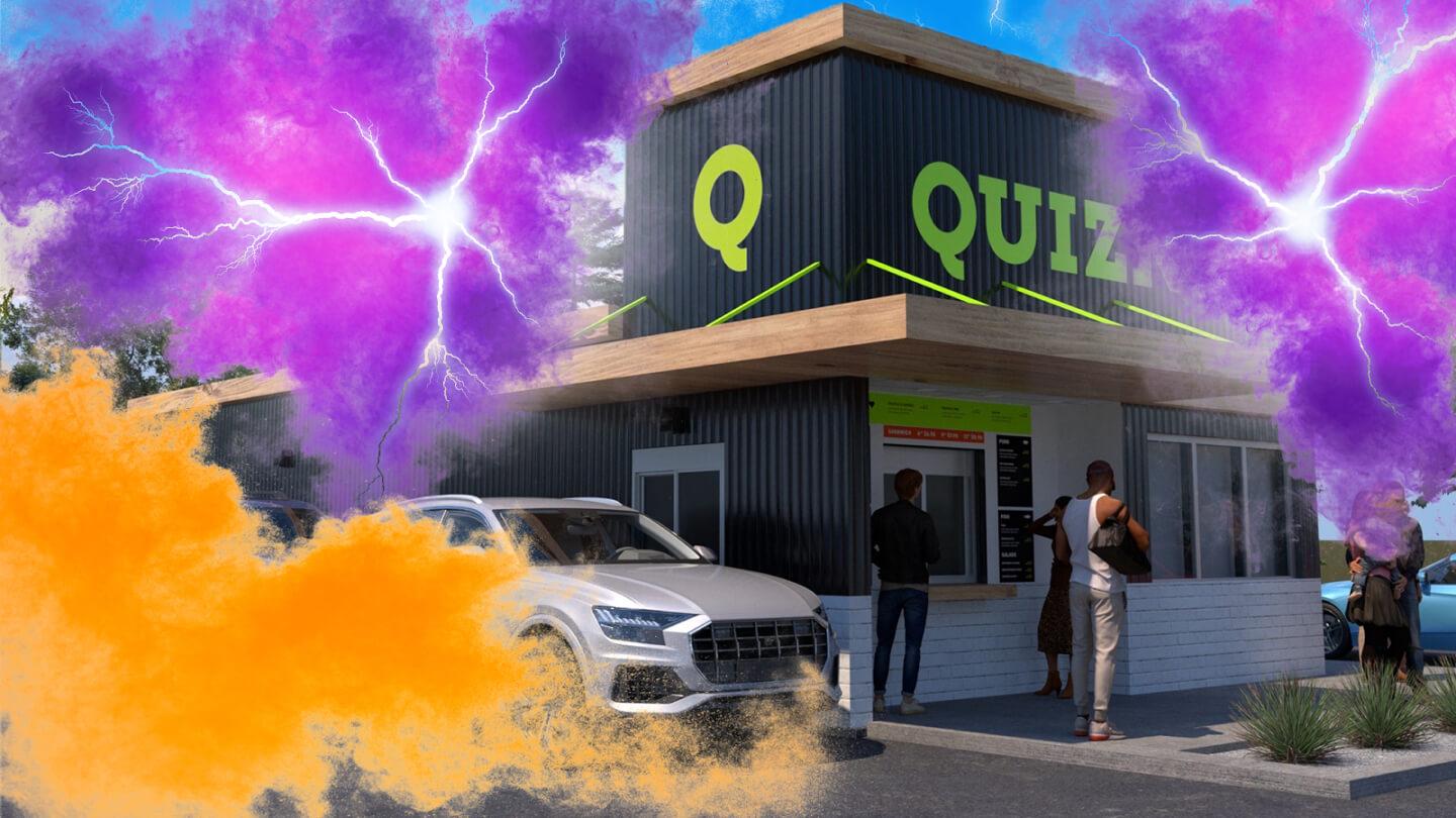 A Quiznos location surrounded by purple lightning